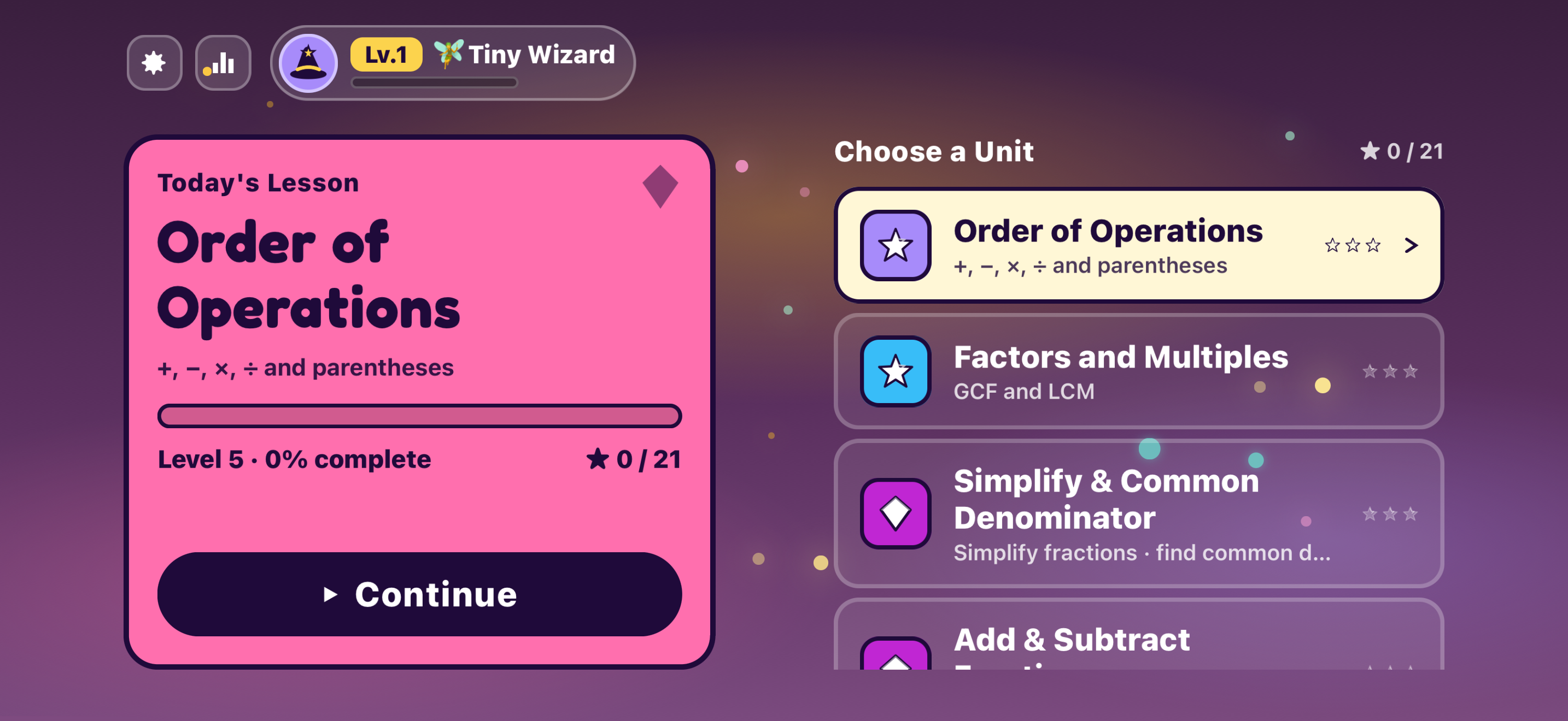 Math Wizard School — Actual app screen